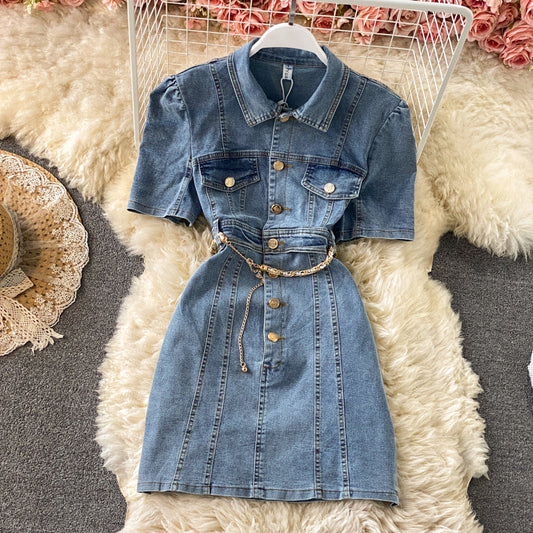 Bubble sleeve Lapel denim dress  2965