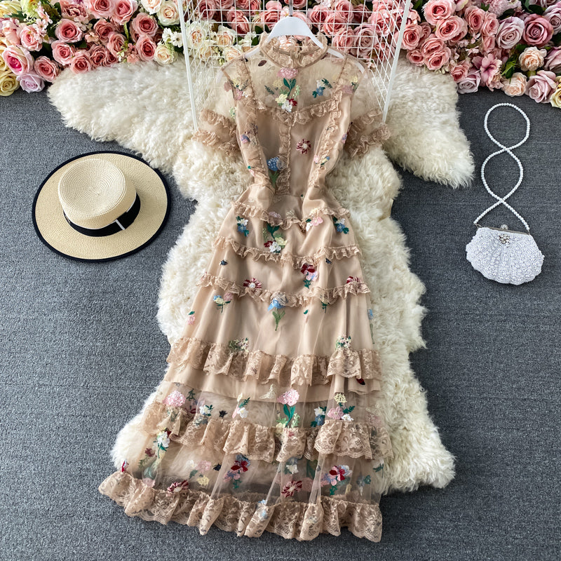 Mesh embroidery flower lace cake skirt dress  3178