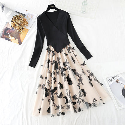 Irregular knit stitching fake two-piece mesh Butterfly Embroidery skirt female  2152