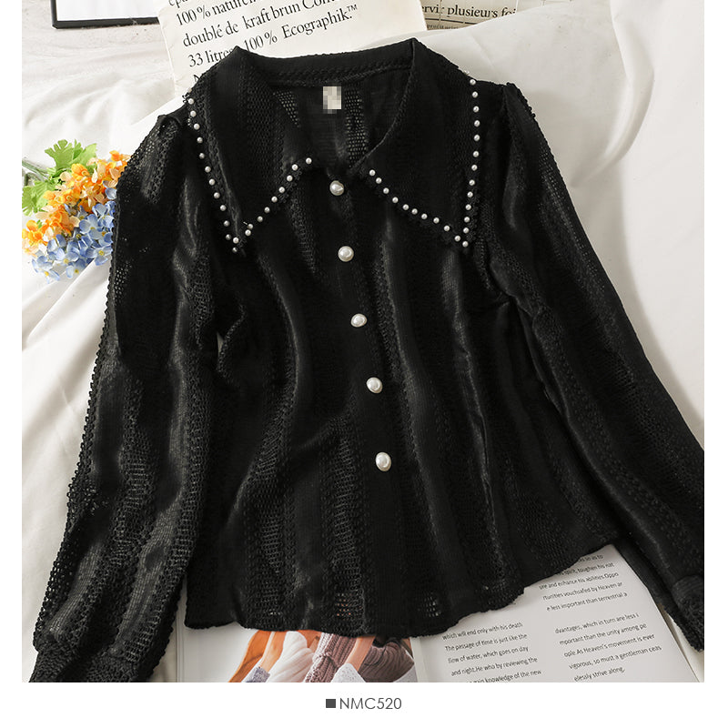 Micro transparent single breasted cardigan long sleeve top women's new style  2106