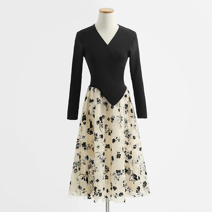 New long skirt fairy mesh embroidery temperament French small black skirt  2198