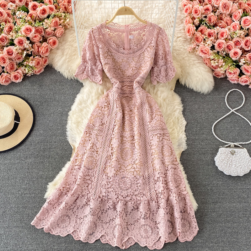Crew neck water-soluble hollow out Lace Waist slim dress  3212