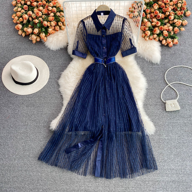 Light mature style embroidered mesh dress  2990