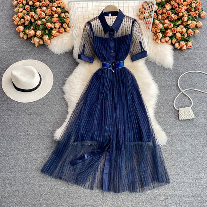 Light mature style embroidered mesh dress  2990