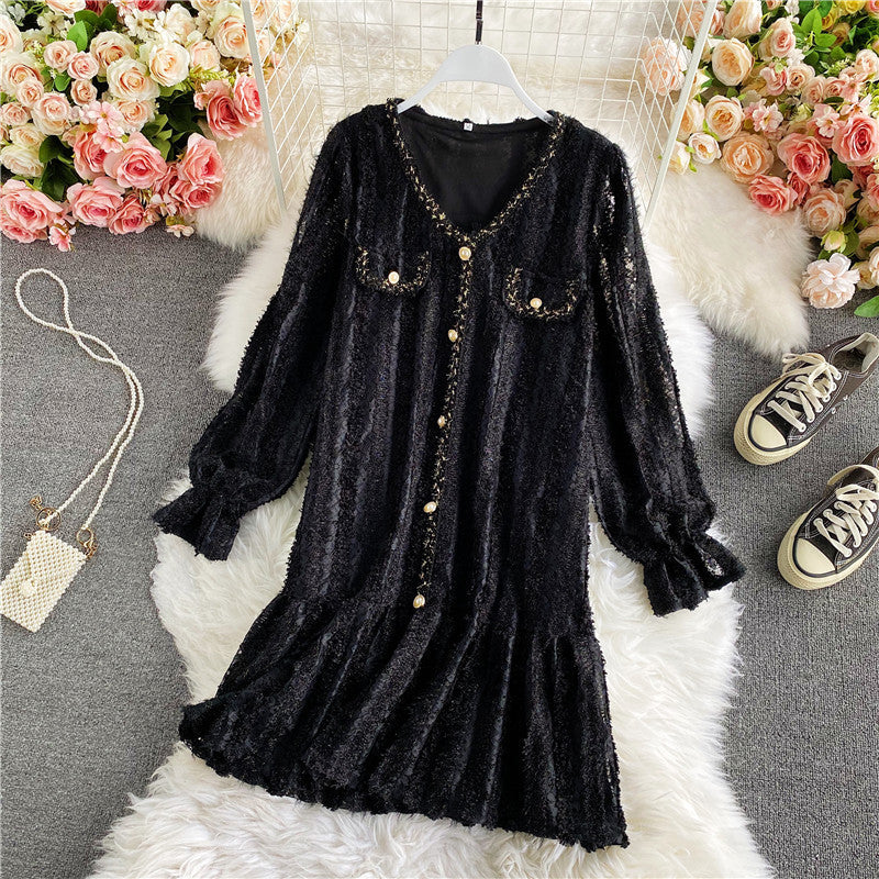 Ruffle panel lace flare sleeve French long sleeve V-neck dress  3146