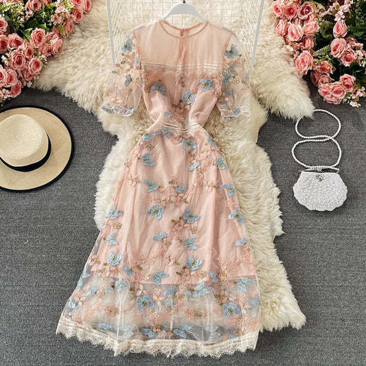 Mesh embroidery butterfly round neck short sleeve waist closing slim dress  2968