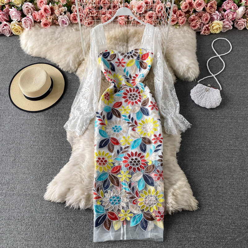 Slim temperament square neck lace embroidered split dress  3418