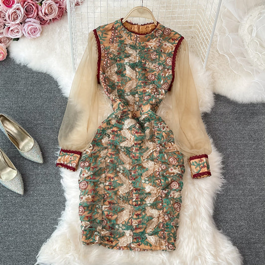 Stand collar mesh embroidery waist bag hip dress  3328