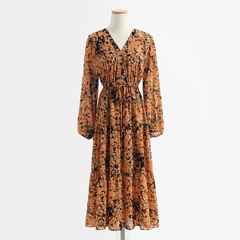 Long sleeved Chiffon floral skirt, thin during tea break  2131