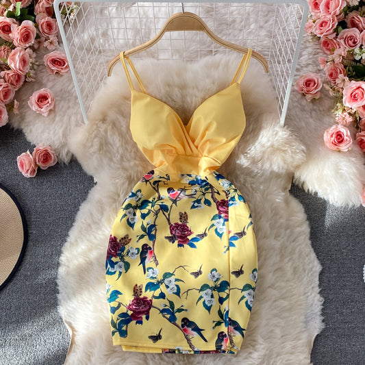 V-neck open back waist print stitching short Hip Wrap Dress  2833