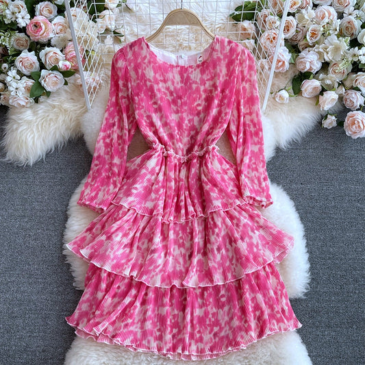 Round neck halo dyed pink Ruffle cake dress  3112