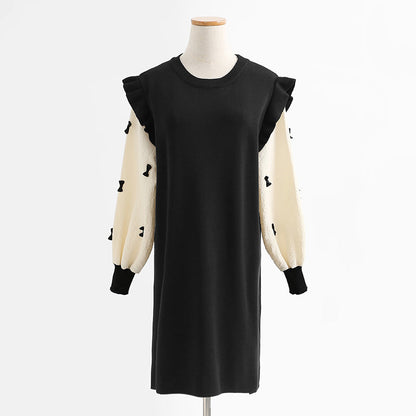 Loose and slim long sleeved wool dress over knee knitted skirt bottomed long skirt  2445