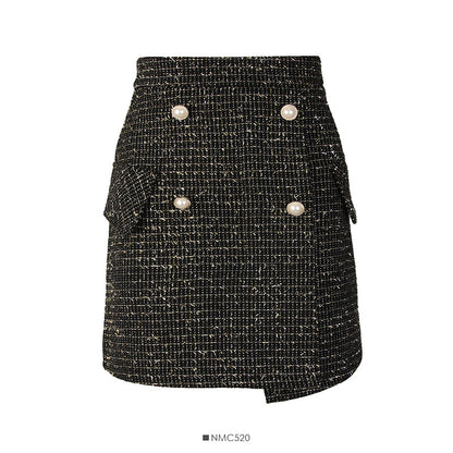 Hong Kong style retro bright silk Plaid tweed high waist A-shaped skirt  2527