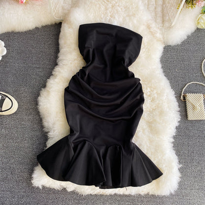 Sexy one shoulder strapless dress temperament close waist thin fishtail skirt  3290