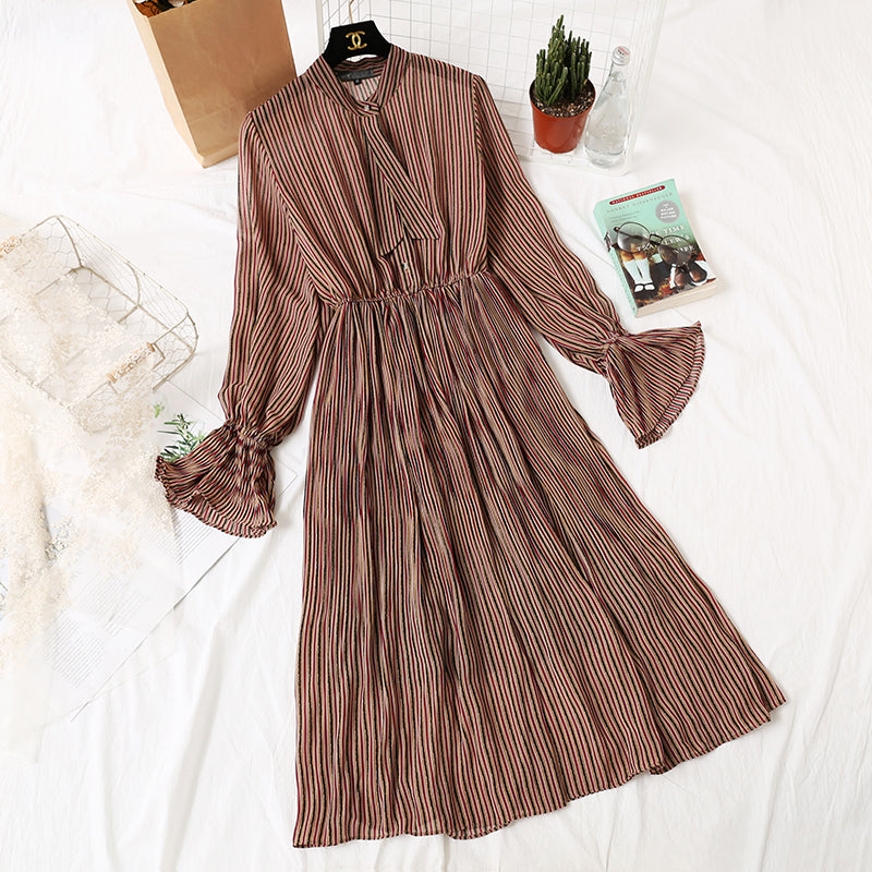 Long sleeve pleated flare sleeve Vintage bow tie chiffon skirt knee length skirt  2452