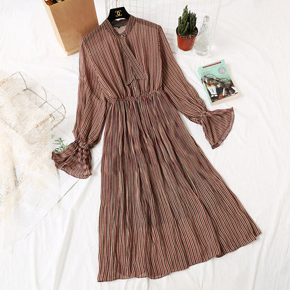 Long sleeve pleated flare sleeve Vintage bow tie chiffon skirt knee length skirt  2452