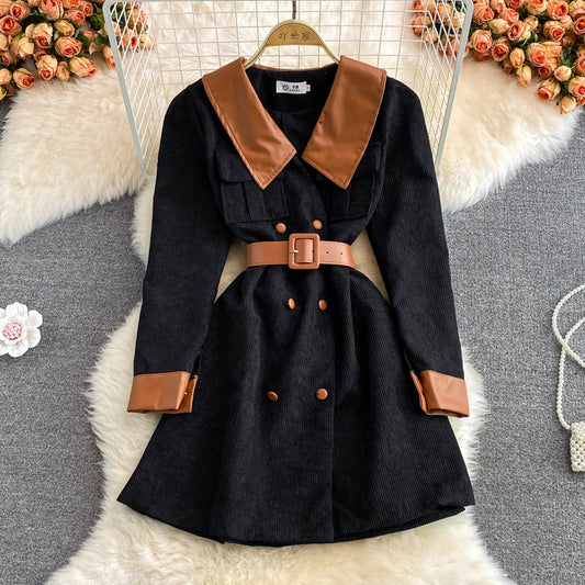 Lapel corduroy waist dress Hepburn  3115