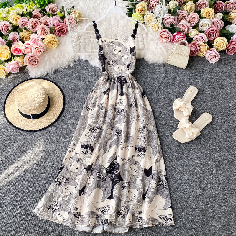 Slim waist sexy backless printed suspender dress  3404