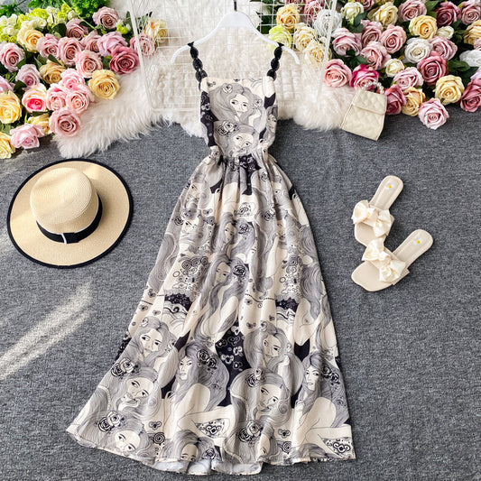 Slim waist sexy backless printed suspender dress  3404
