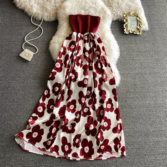 Vintage printed Strapless skirt with slim waist dress  2830