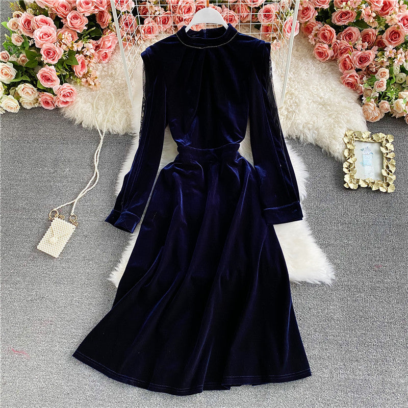 Burgundy stand neck off shoulder velvet A-line dress  2934