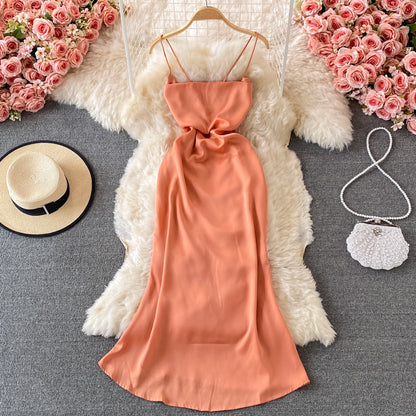 Slim temperament open back gentle wind Satin Dress  3063