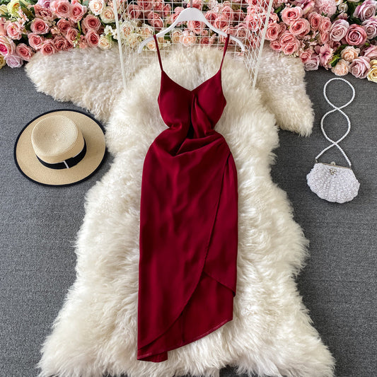 Celebrity sexy V-neck irregular suspender dress with bra  3434