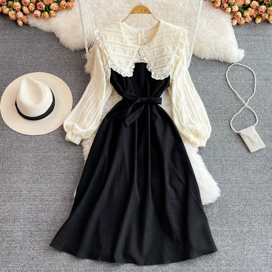 Vintage Lace stitched doll neck thin corduroy dress  3266