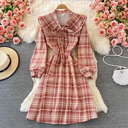 Doll neck bow tie tie mid length dress  3008
