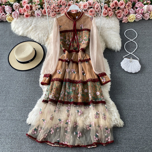 High end celebrity temperament lace mesh embroidery dress  3169