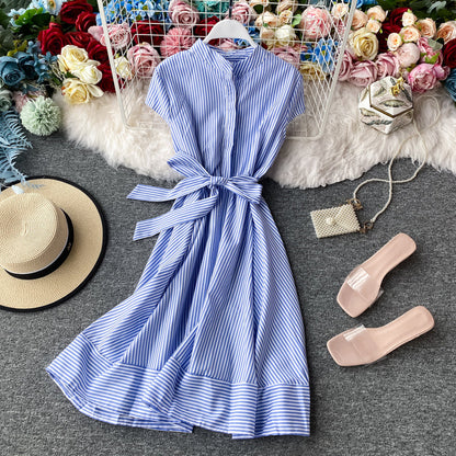 Striped light mature dress with slim waist  2947
