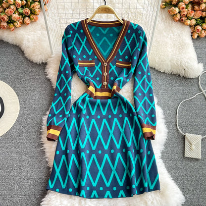 Small fragrance color blocking waist to show thin temperament design dress  3101