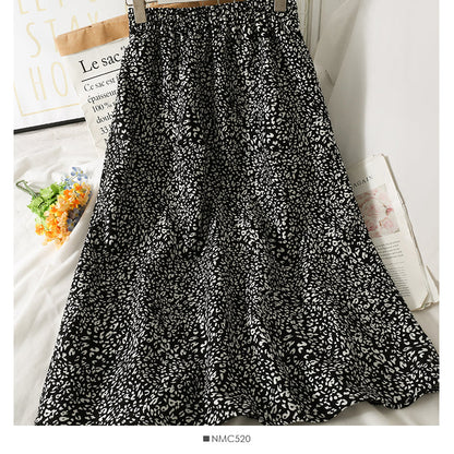 Hong Kong Vintage printed elastic waist thin over knee A-line skirt  2623