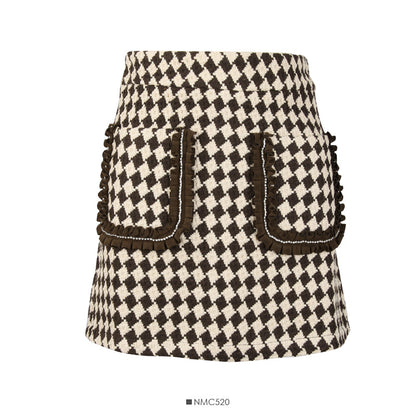 Korean retro color blocking Plaid high waist slim and versatile A-line skirt  2629