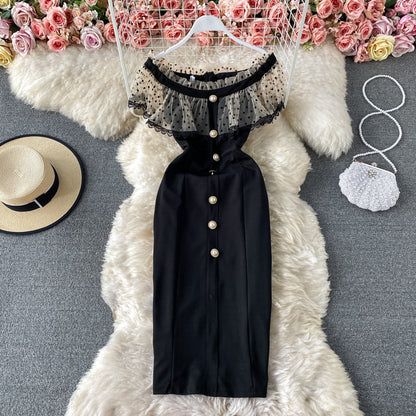Temperament light mature style one shoulder wave dot mesh dress  2954