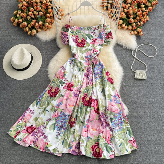 Slim, retro suspender skirt, open back, large swing skirt  3339