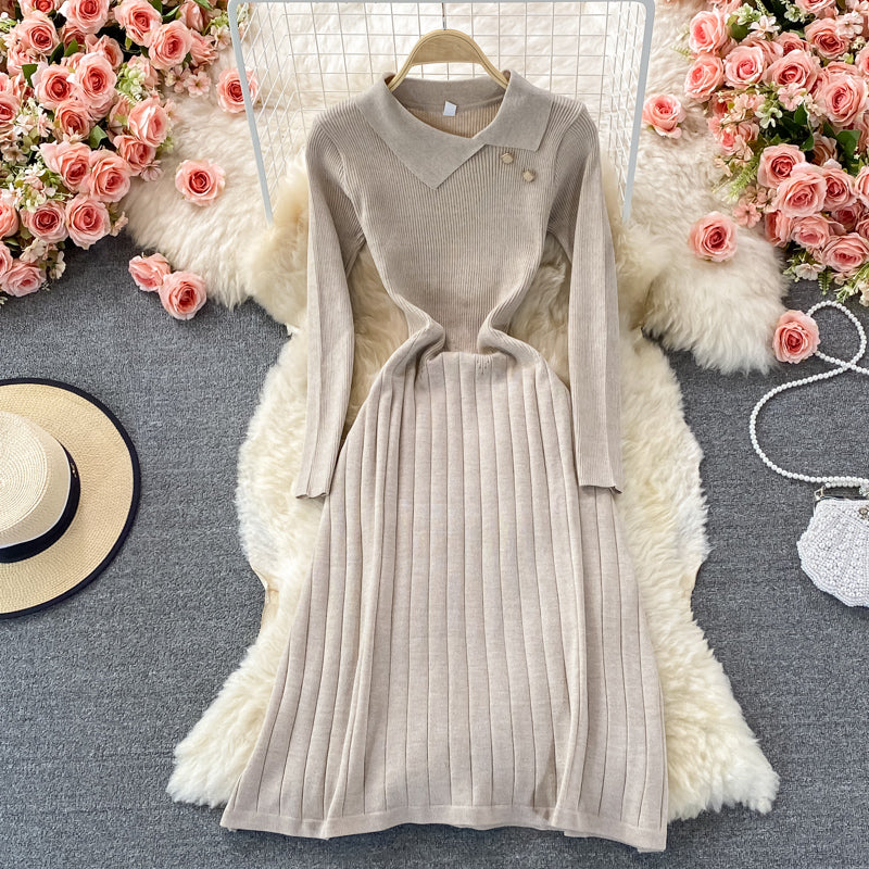 Temperament lady slim waist elastic knitted Pleated Dress  2907