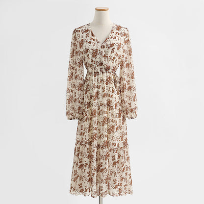 Temperament V-neck dress French waist closing thin chiffon long skirt  2280