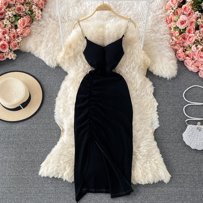 Pleated split suspender skirt with exposed backpack hip dress  3203