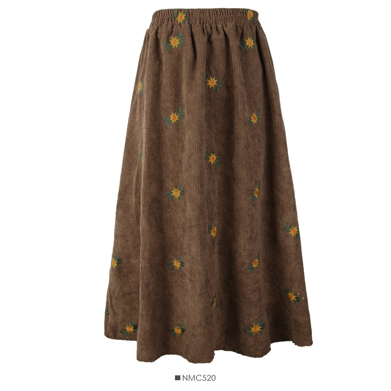Retro embroidered elastic waist thin medium length A-line skirt  2516