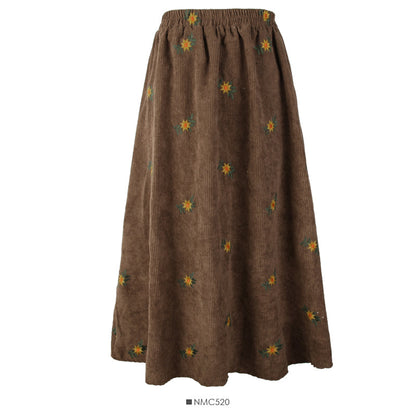 Retro embroidered elastic waist thin medium length A-line skirt  2516
