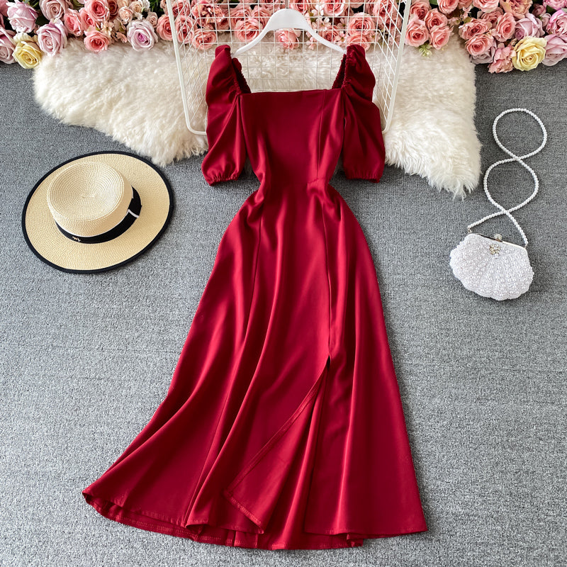 French retro square neck bubble sleeve waist slim dress  2940