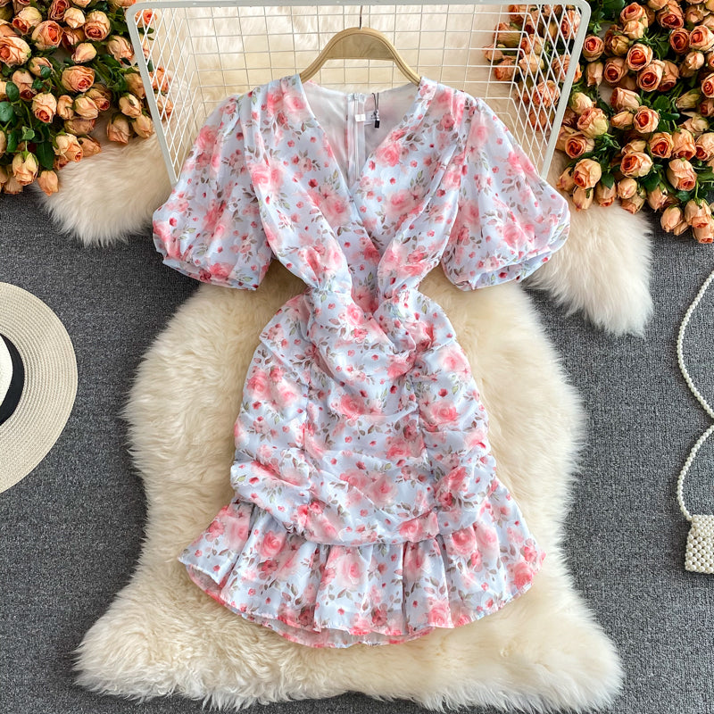 Gentle wind floral V-neck fishtail wrap hip Chiffon Dress  3346