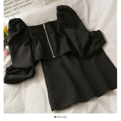 Off shoulder exposed clavicle zipper bubble sleeve top high waist skirt  2490