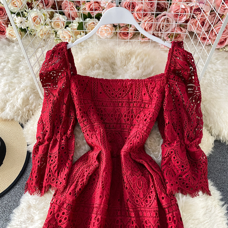 Lace cut-out foreign style bubble sleeve slim dress  2891