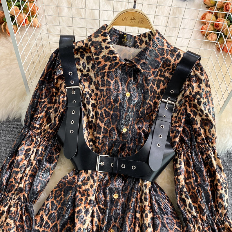 Shang Snake Print Lantern Sleeve single breasted Lapel dress  3122