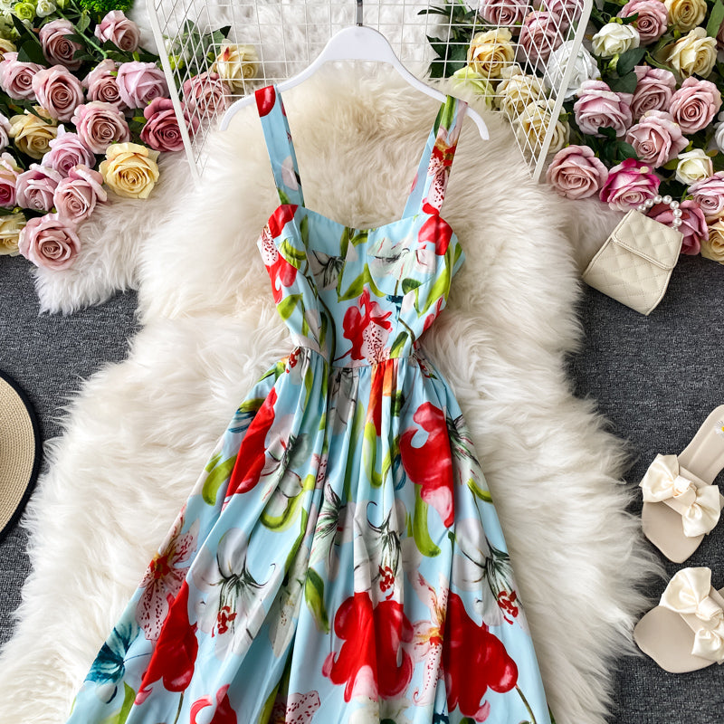 Floral dress open back French long skirt  2847