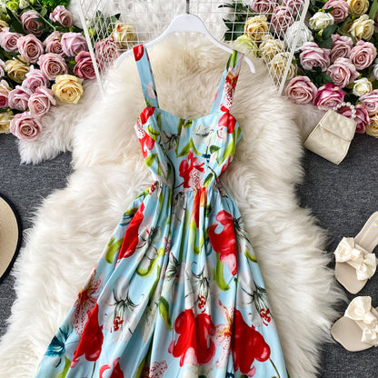 Floral dress open back French long skirt  2847