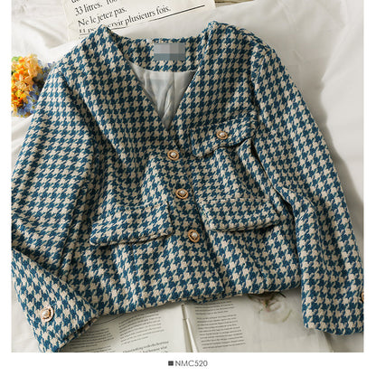 Korean retro three button short thousand bird lattice small suit for women  2087