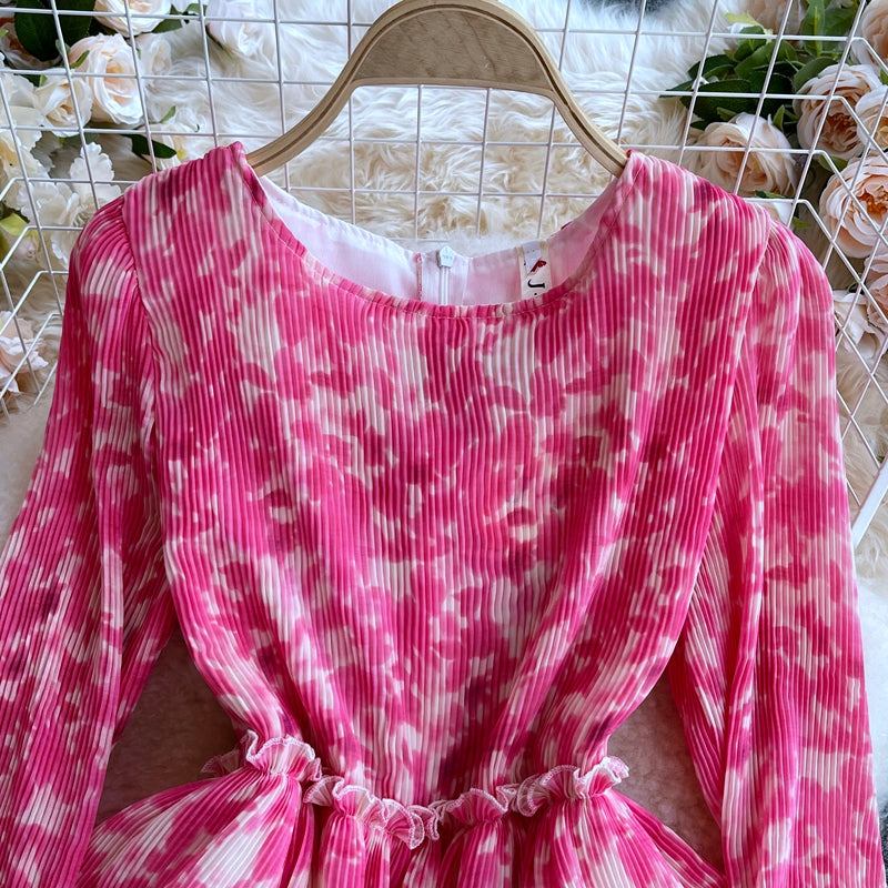 Round neck halo dyed pink Ruffle cake dress  3112